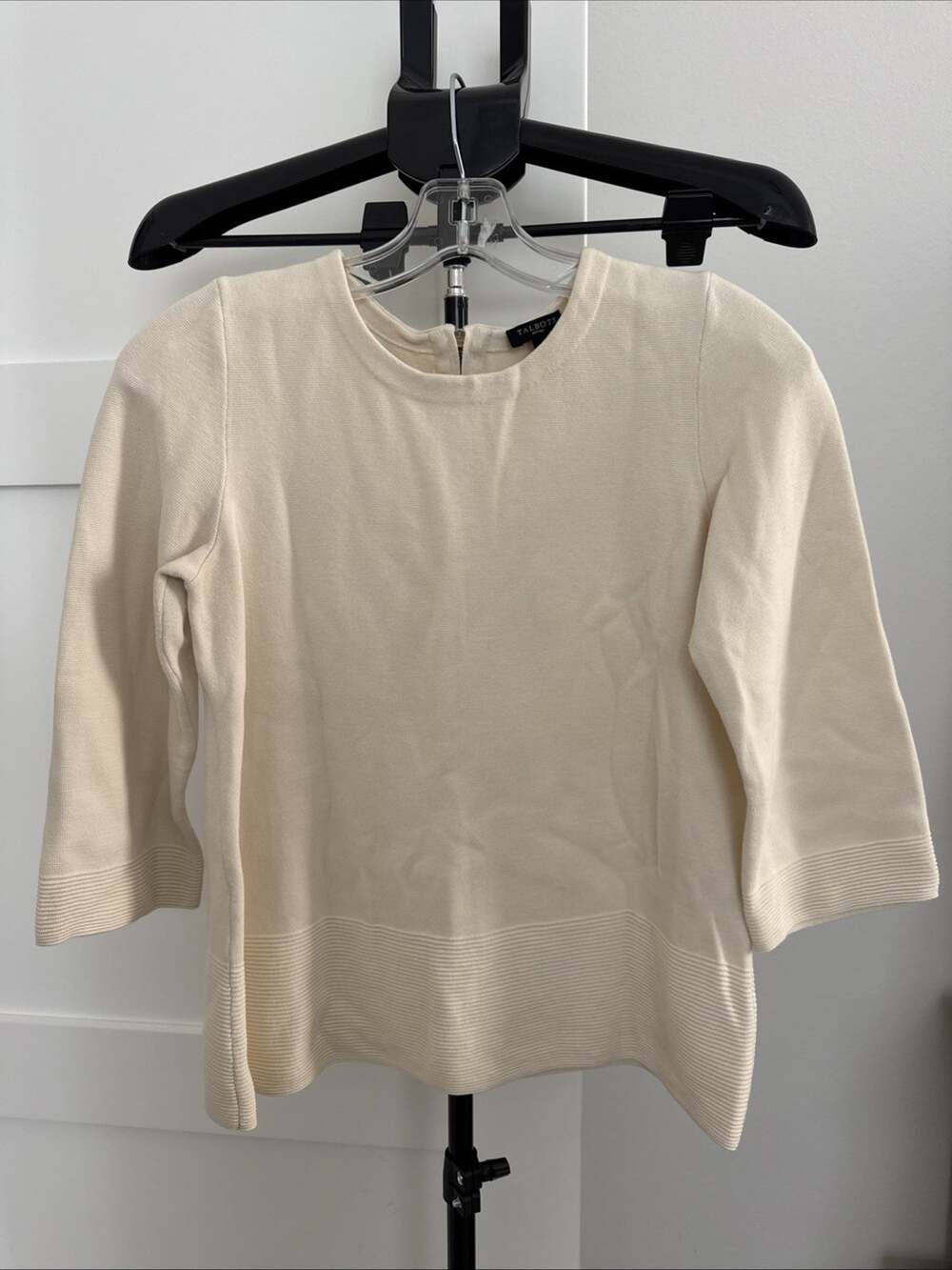 Talbots Ivory Sweater Top 3/4 Sleeve Ribbed Accents Petite